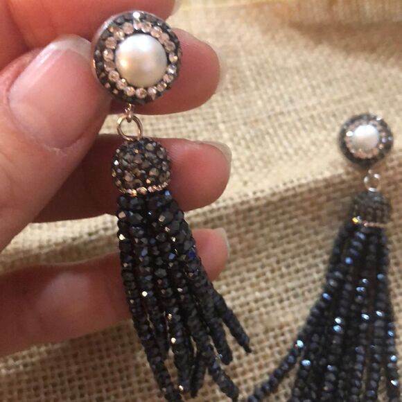 Freshwater pearl pave Tassel crystal earrings - Picture 5 of 5